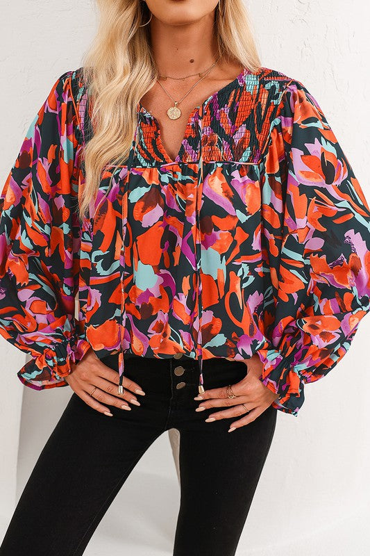 Styletrendy Red Abstract Floral Shirred Puff Sleeve Blouse